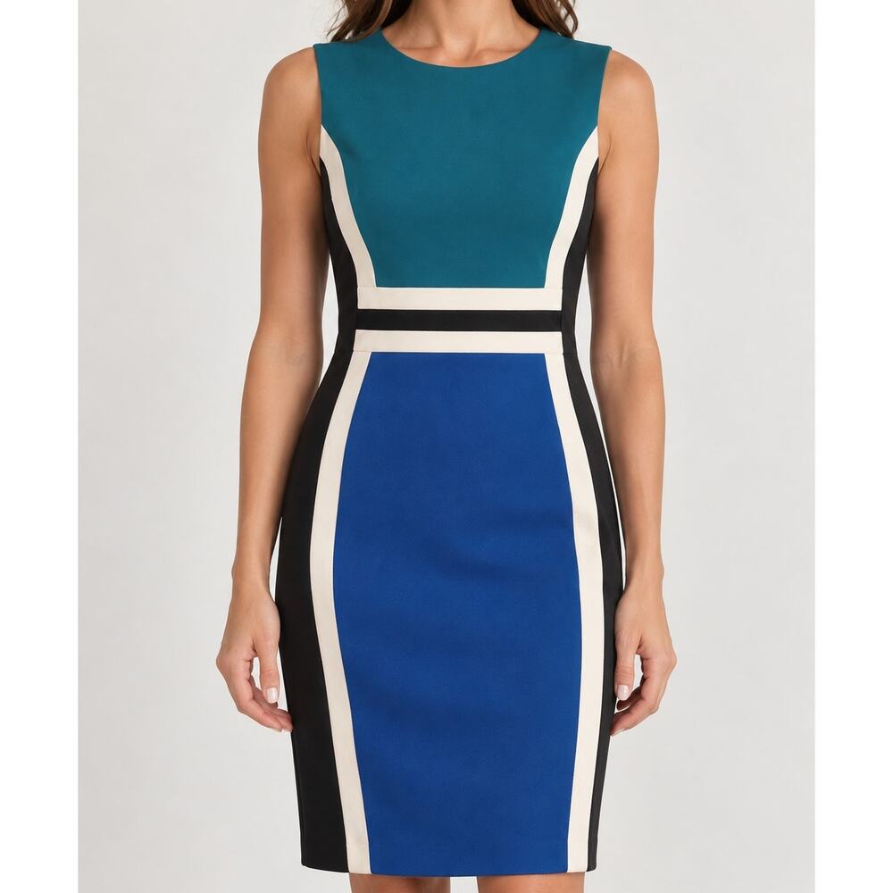 Calvin Klein Colorblock Sheath Dress Women’s 12 Blue Teal Black White Sleeveless